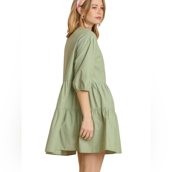 Sage Green Half Button 3/4 Sleeve Tiered Shirt Dress - Picture 3 of 5